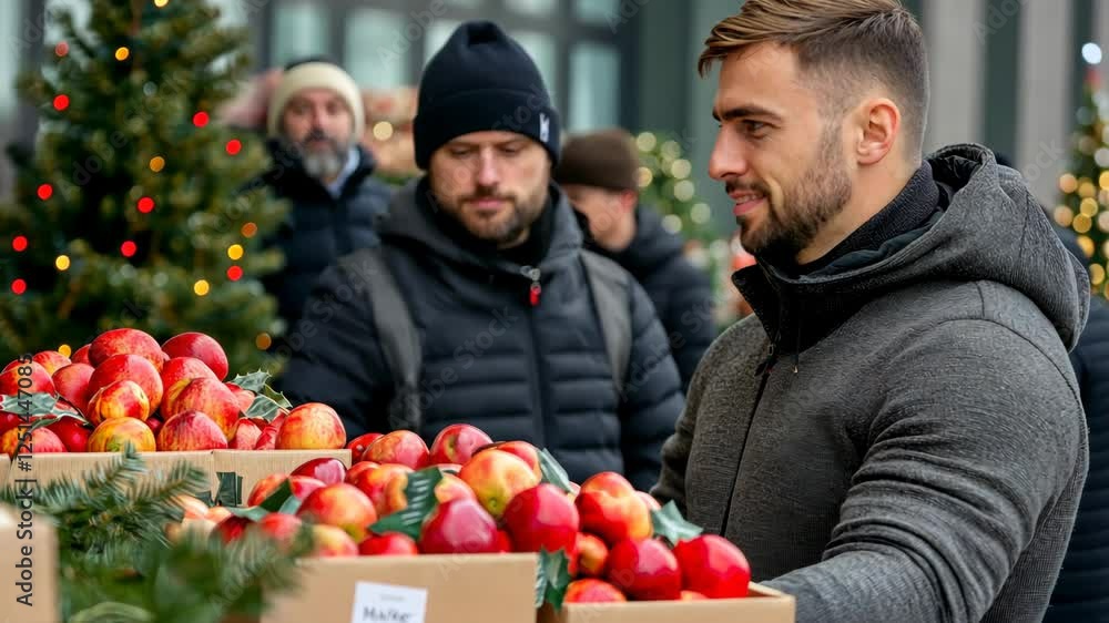 Poster man is holding a box of apples. there are many apples in the box. the man is smiling