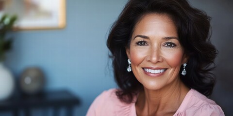 Obraz premium A woman with long hair and earrings is smiling