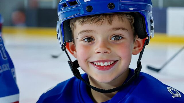 Young boy wearing a blue helmet and a blue hockey jersey is smiling. He is wearing a helmet that says CTM on it