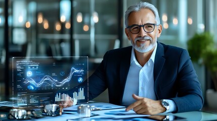 Mature Asian businessman analyzing financial data on futuristic transparent display screen in modern office setting. Professional executive at work.