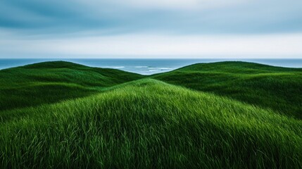 Fototapeta premium A large, grassy hillside with a body of water in the background