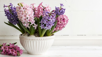 Beautiful hyacinth flowers in a decorative pot against a light background
