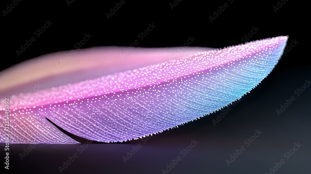 Poster delicate pink and blue feather macro photography showing intricate barbs and vanes with soft focus b