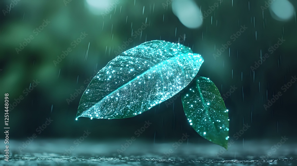 Poster glowing translucent leaves with water drops floating in rain against dark background, creating magic