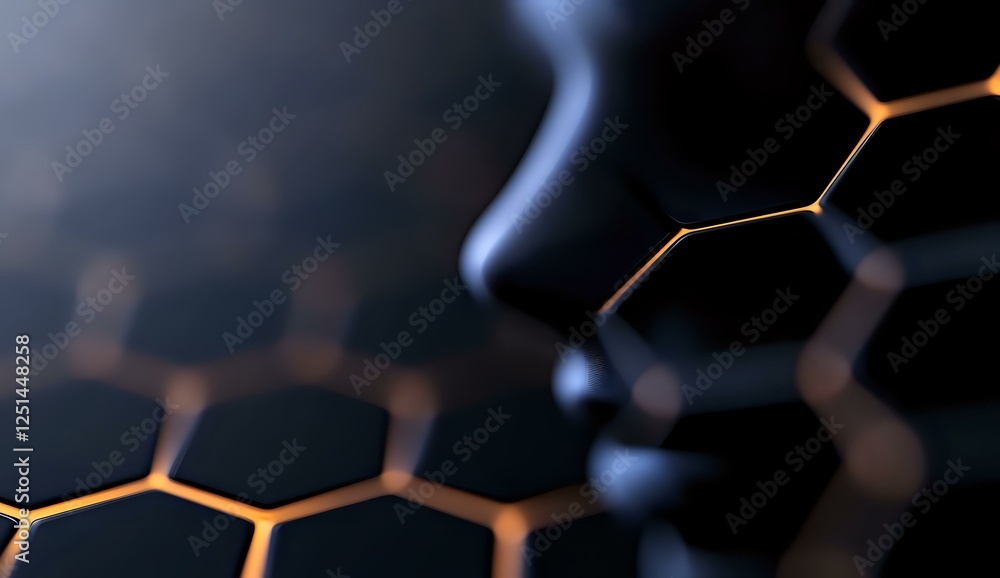 Poster glowing orange hexagonal molecular structure on dark background with soft blue smoke effect creates 