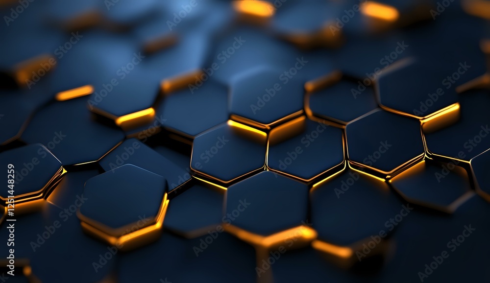Poster dark hexagonal geometric pattern with glowing orange edges creating futuristic technology background