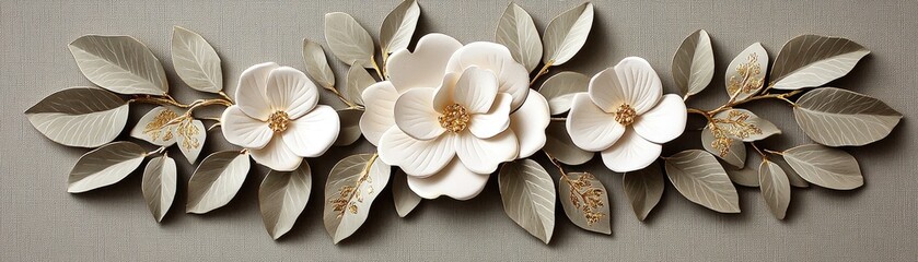 A decorative arrangement of white flowers and leaves on a textured background, creating an elegant and sophisticated design.