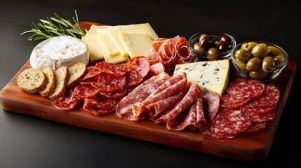 A wooden board with a variety of meats and cheeses, including salami, olives