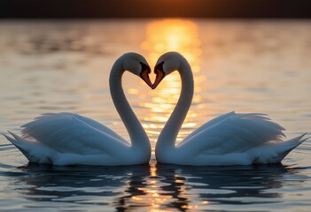 Fototapeta premium Two swans forming a heart shape with their necks on tranquil lake during golden sunset evoking feelings of love and harmony