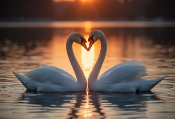 Naklejka premium Two swans forming a heart shape with their necks on tranquil lake during golden sunset evoking feelings of love and harmony
