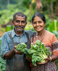 Sri Lankan farmer and wife portrait some vegetables on them hands his vegetable farm in background