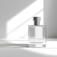 Elegant perfume bottle on white surface with soft light creating a sense of luxury