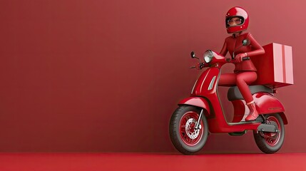 Cartoon delivery woman on red scooter, red background, gift box