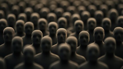 Fototapeta premium Numerous identical abstract human figures are closely packed together, creating a striking visual effect. The dark figures fade into a blurred background, emphasizing their uniformity