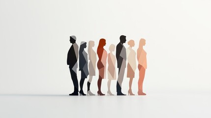 A group of individuals stands in a line, depicted as silhouettes in varying shapes and sizes. Each figure represents diversity in body types and gender, showcasing inclusivity