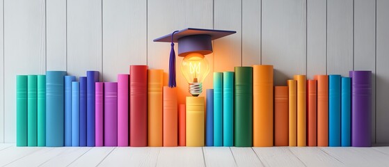 Obraz premium 3D rendering of colorful books and letters with a light bulb wearing a graduation cap, symbolizing education and learning, white background