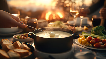 Outdoor sunset cheese fondue dinner with friends