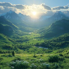 Fototapeta premium Lush Green Valley with Towering Mountains under a Bright Sun on a Summer Day with Wildflowers