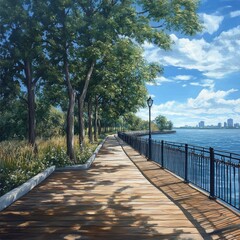 Obraz premium Serene Riverfront Walkway with Distant City Skyline Under a Sky of Fluffy Clouds Near Green Trees