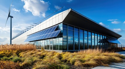 Fototapeta premium A large building with a wind turbine on top