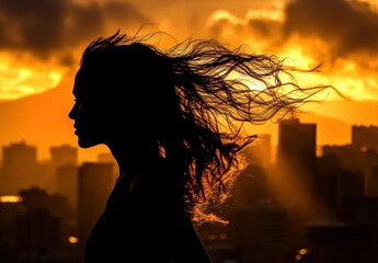 A woman with long hair stands in front of a city skyline