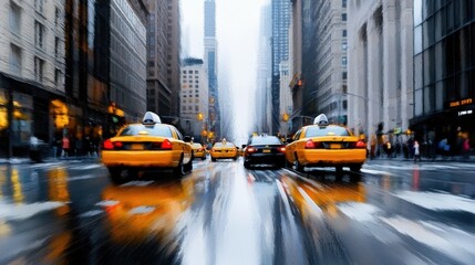 Obraz premium A busy city street with taxis and pedestrians
