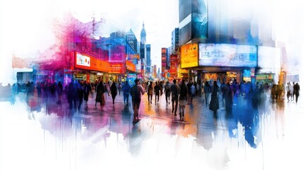 A painting of a busy city street with people walking