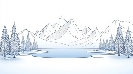 Snowy mountains rise majestically around a calm lake, while frost-laden evergreen trees create a serene winter wonderland. The landscape captures the beauty of nature in winter