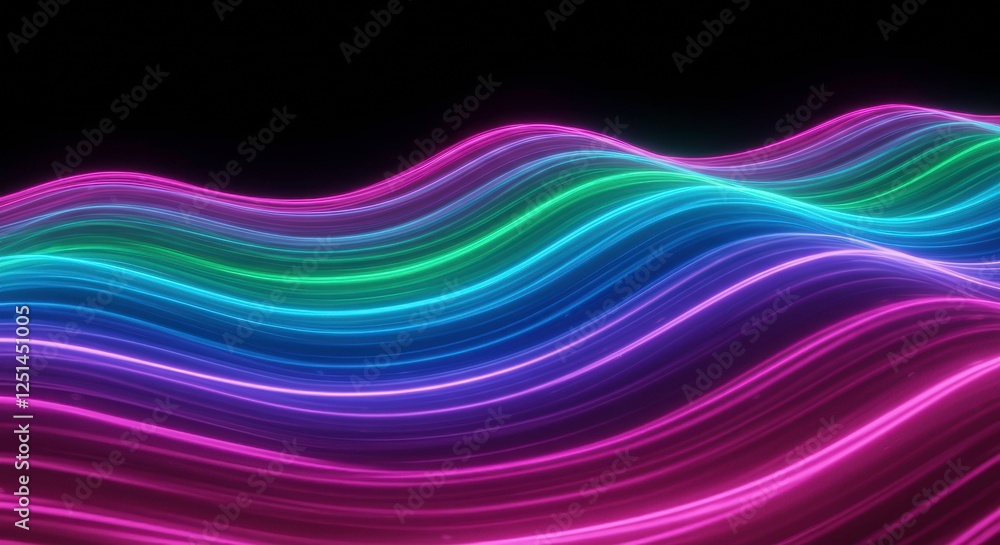 Poster neon wave abstract: vibrant, multicolored neon lines flow in a dynamic wave pattern against a black 