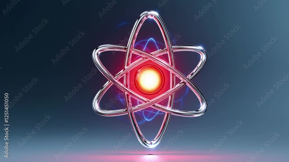 Aufkleber a futuristic glass-like atom structure with reflective orbits and floating spheres.