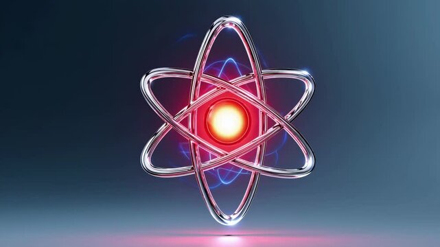 A futuristic glass-like atom structure with reflective orbits and floating spheres.