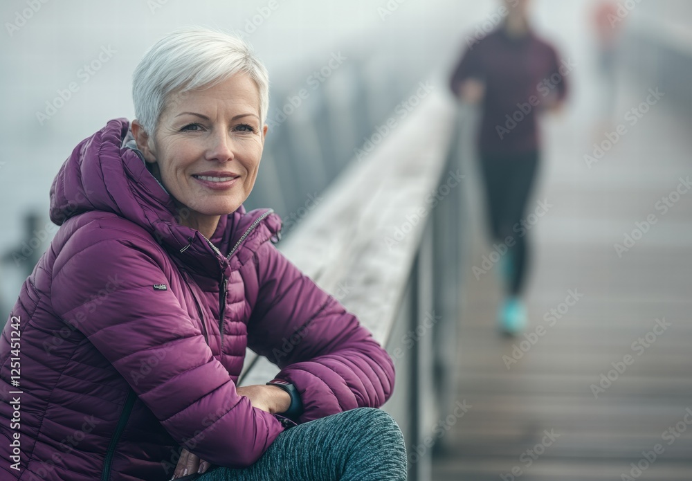 Canvas Prints A woman in a purple jacket is sitting on a bridge