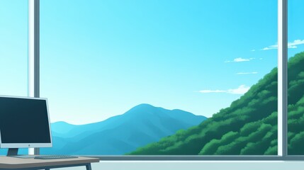 Fototapeta premium A workspace features a computer facing a large window, showcasing a breathtaking mountain view under a clear blue sky. Lush greenery contrasts with distant peaks