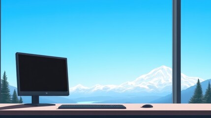 Fototapeta premium A serene office environment featuring a computer monitor and keyboard on a desk. The backdrop reveals a stunning mountain range under a clear blue sky, evoking tranquility and inspiration