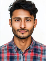 Obraz premium Portrait of a Confident Young Man: A close-up portrait of a young man with a beard, captivating eyes, and a confident expression. His casual plaid shirt adds a touch of modern charm. 