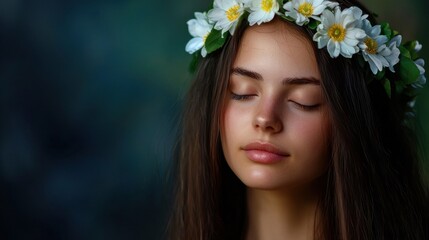 Naklejka premium A woman wearing a flower headband is looking at the camera