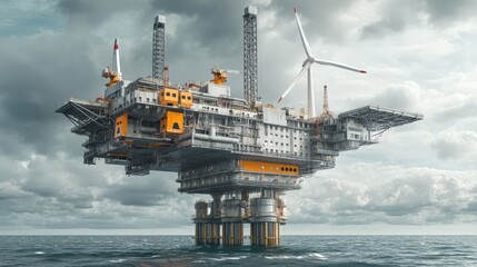 A large oil rig is floating in the ocean