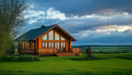 Obraz premium Small Wooden Log Cabin in Grassy Field Surrounded by Trees – Serene Rural Landscape in Nature