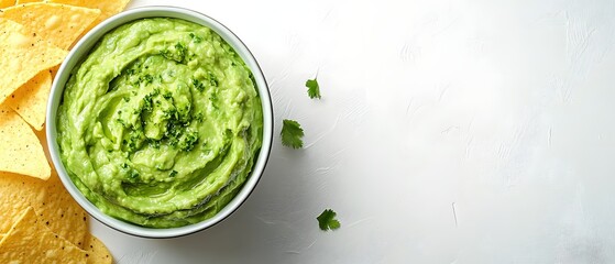 Obraz premium Delicious homemade guacamole with tortilla chips on a bright white background food photography