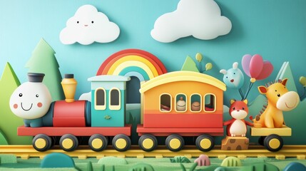Cute train with animals vector illustration. Cartoon isolated funny happy animals ride toy railway locomotive and rainbow carriages with patterns, number signs, little characters learning counting.