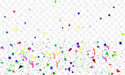 Multicolored tinsel confetti Vector background. Fashionable gold and Multicolored falling magic stars and tinsel on white and transparent background. Celebration carnival ribbons, holiday, birthday.