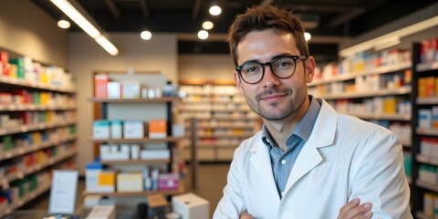 Fototapeta premium Confident Pharmacist in a Modern Pharmacy. Smiling, approachable, and ready to help patients.