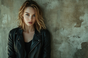 Fototapeta premium Woman in black leather jacket leaning against wall, gazing into distance.