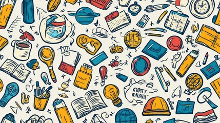 Doodles education. Hand drawn vector pattern background back to school with icon symbols. Doodle of foreign language education course for home online training study. EPS10.