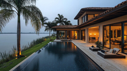 Fototapeta premium Lakeside luxury home with infinity pool at dusk