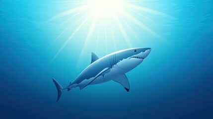 Obraz premium A majestic shark swims gracefully in clear blue waters, rays of sunlight penetrate the surface, creating a serene underwater atmosphere. The scene captures the beauty of marine life