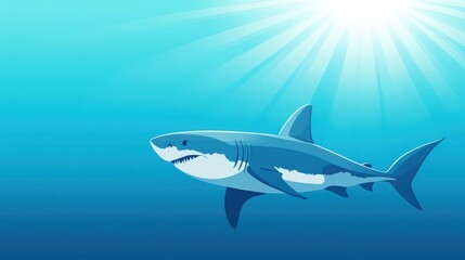 Naklejka premium A great white shark glides through clear blue ocean waters, showcasing its powerful form. Sunlight filters down, illuminating the vibrant underwater environment and highlighting its movement