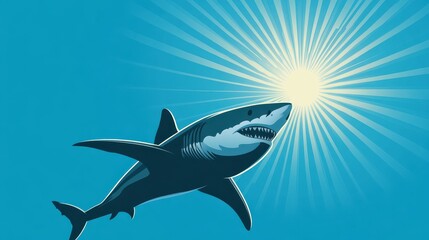 Fototapeta premium A large shark is leaping out of the calm ocean under a radiant sun. The shark displays its sharp teeth while glistening in the sunlight, creating a captivating view