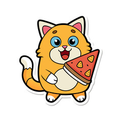 sticker featuring a cartoon cat holding a slice of pizza