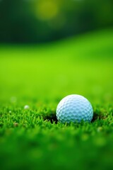 Obraz premium Golf ball partially buried in thick, vibrant green grass, leaf, texture, detail